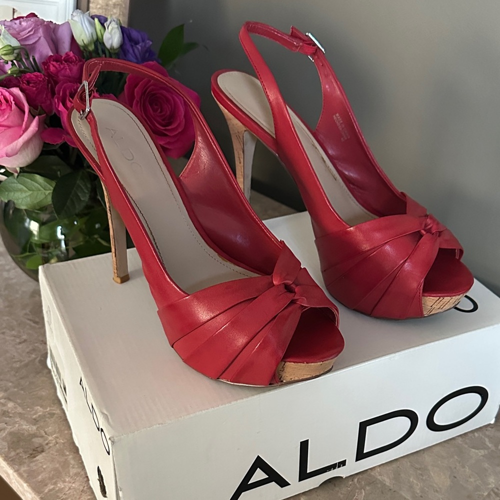 Aldo Red Peep-Toe Slingback Heels - Picture 2 of 7